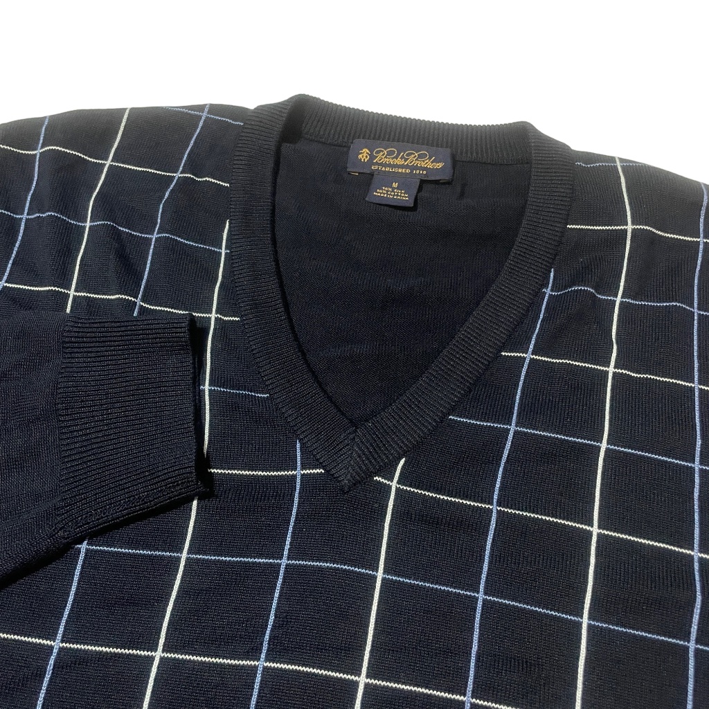 Brooks Brothers Medium Blue Plaid Silk Cotton V-Neck Sweater